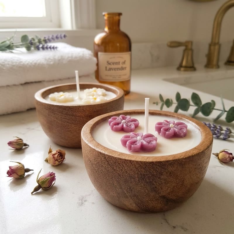 Velas artesanales en cuencos de madera